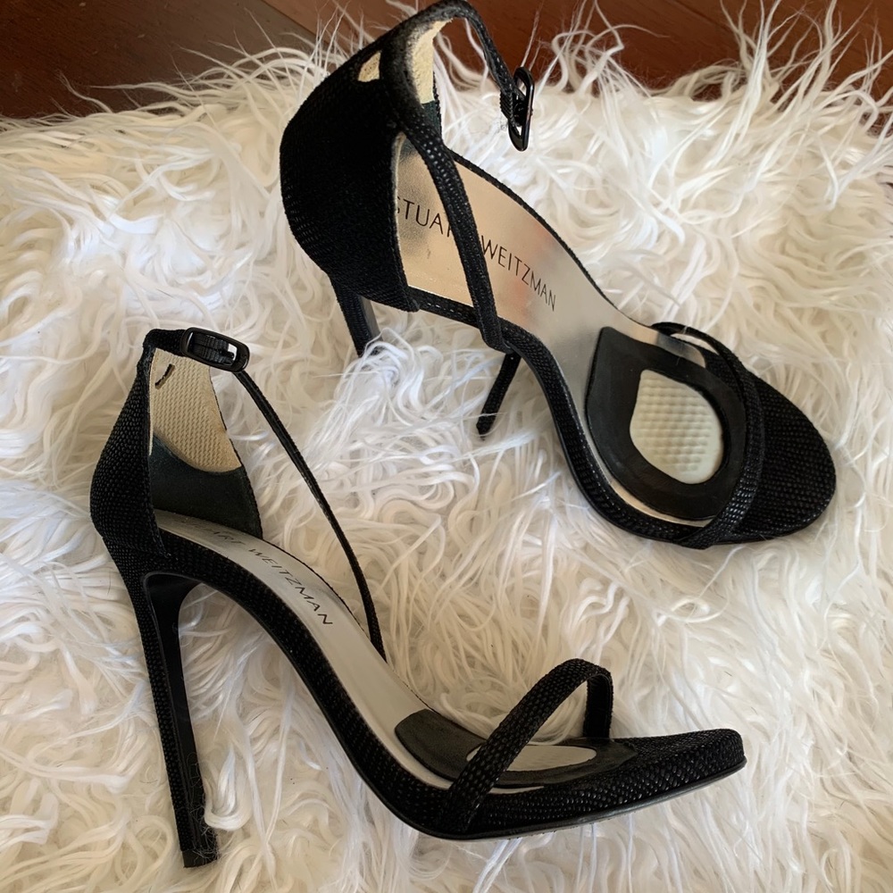 Stuart Weitzman Nudist Black Ostrich Sandal SZ 7